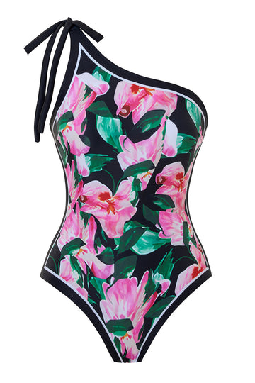 Balck Pink Floral One Shoulder One Piece Bikini
